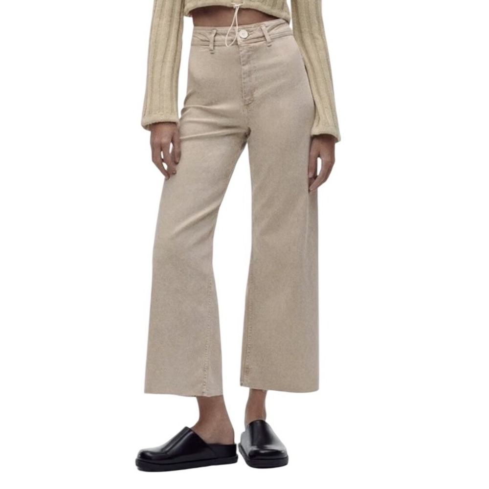 Zara The Marine Straight Leg Cropped Jeans Beige High Waist Raw Hem Women Size 2